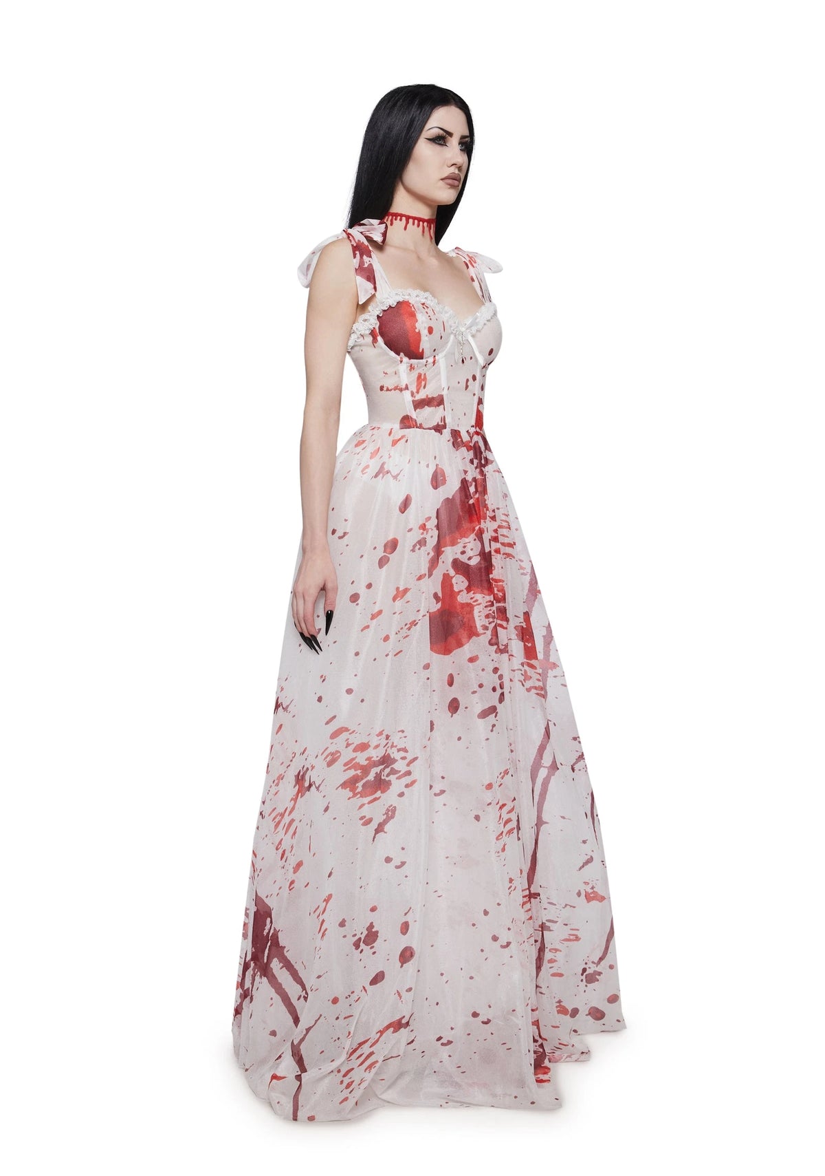 Blood Splatter Lace Maxi Costume Dress - White
