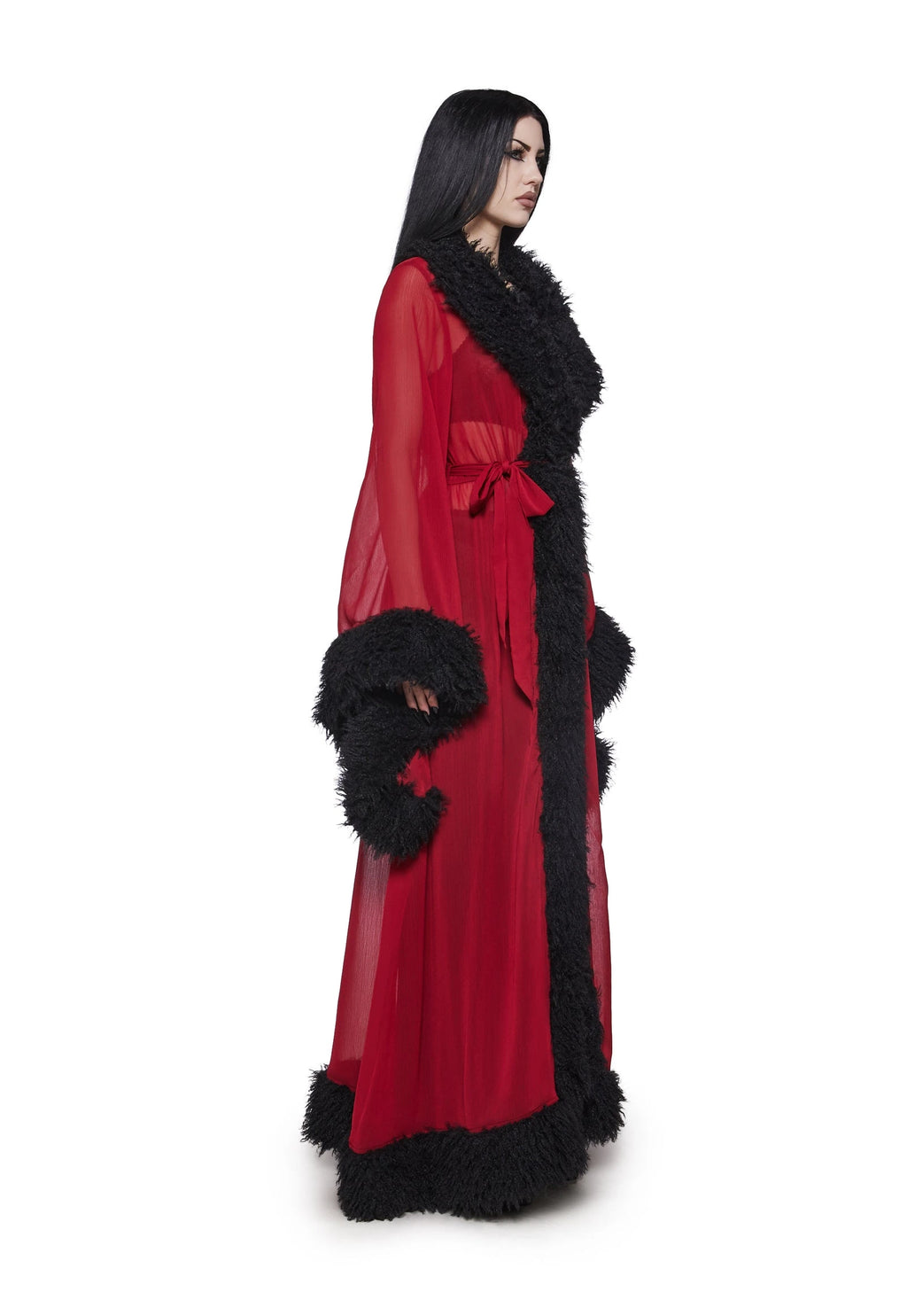 Sheer Faux Fur Trim Maxi Robe - Dark Red