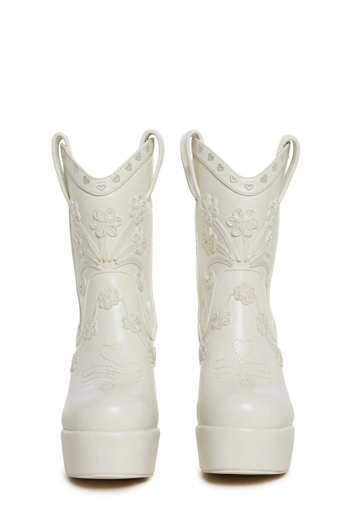 Embroidered Platform Western Boots - White