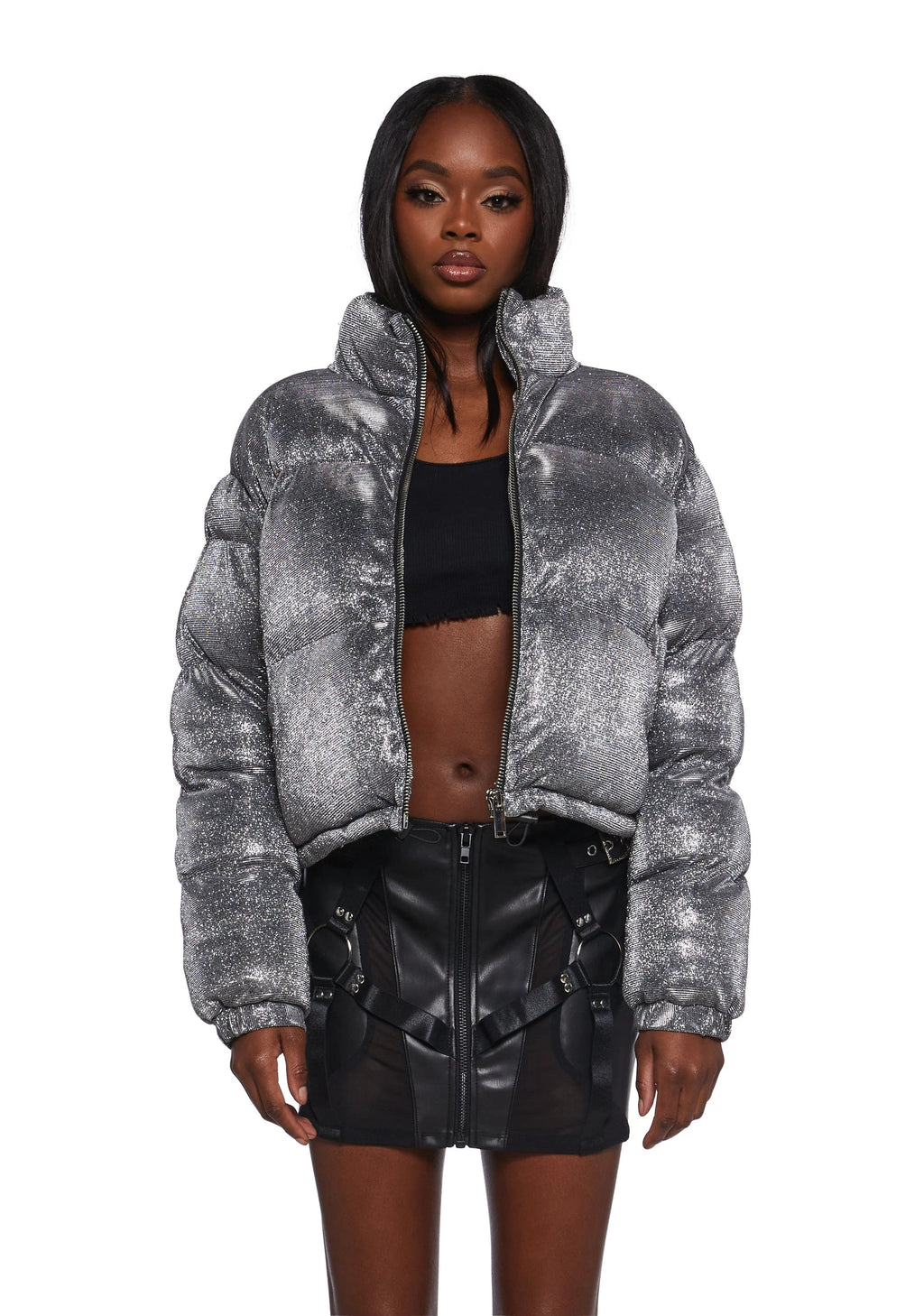 Sparkly Cropped Puffer Jacket - Silver