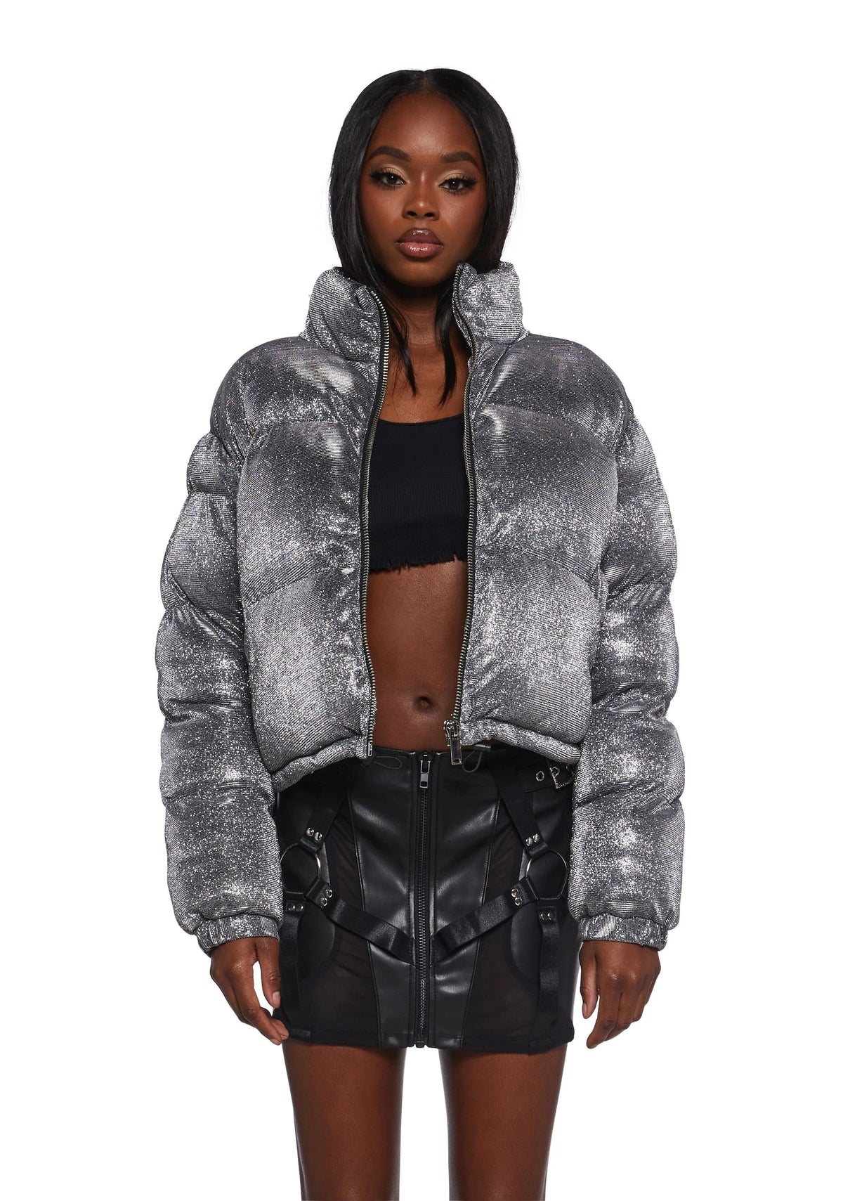 Sparkly Cropped Puffer Jacket - Silver
