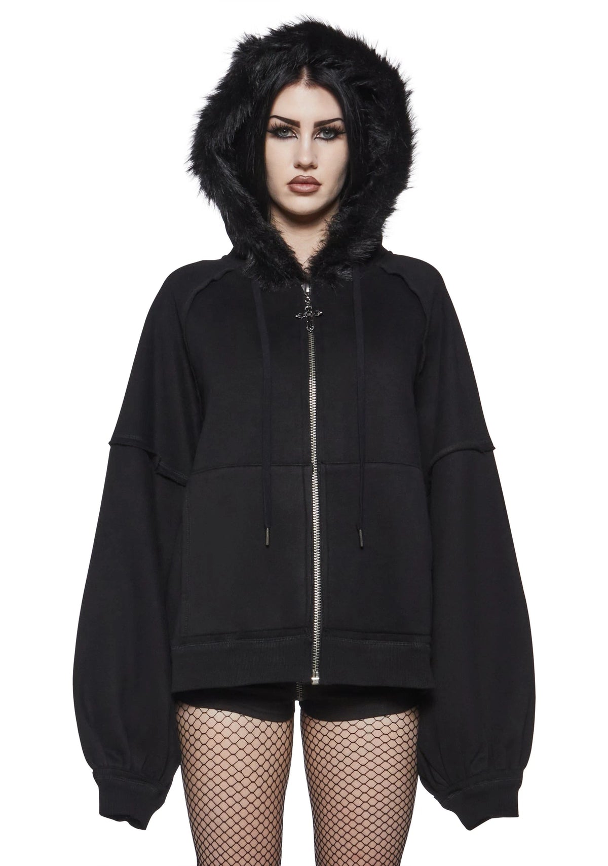 Faux Fur Oversized Zip Hoodie - Black