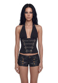 Halter Corset Top With Metallic Frogging - Black