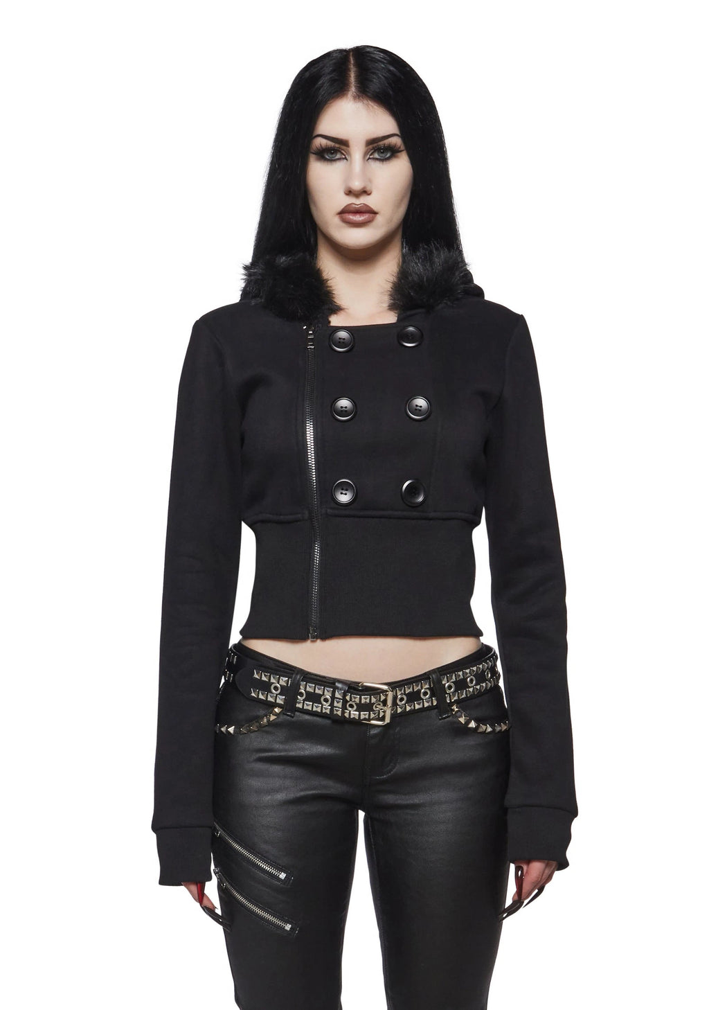 Cropped Fleece Jacket With Faux Fur Hood - Black