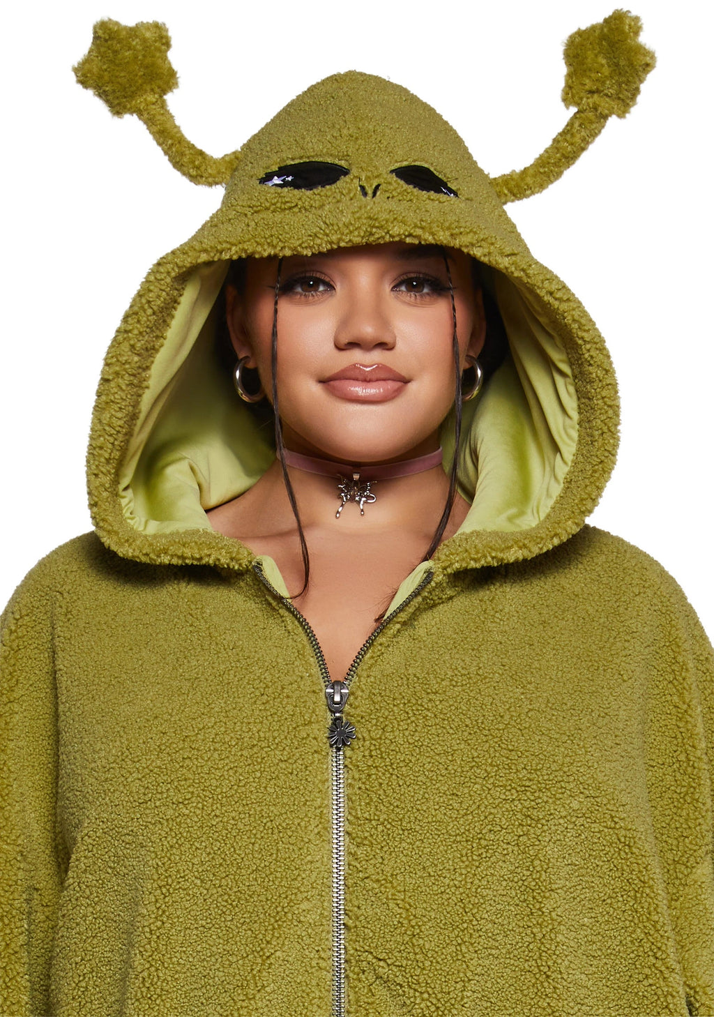 Hooded Sherpa Jacket With Alien Motif - Green