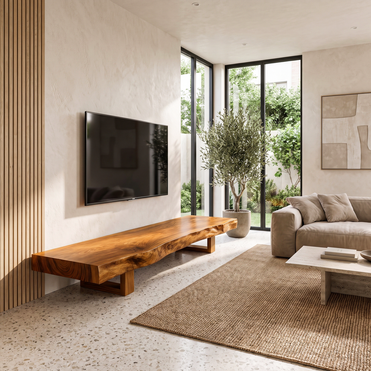 Mid Century TV Console Live Edge Wood Master Bedroom