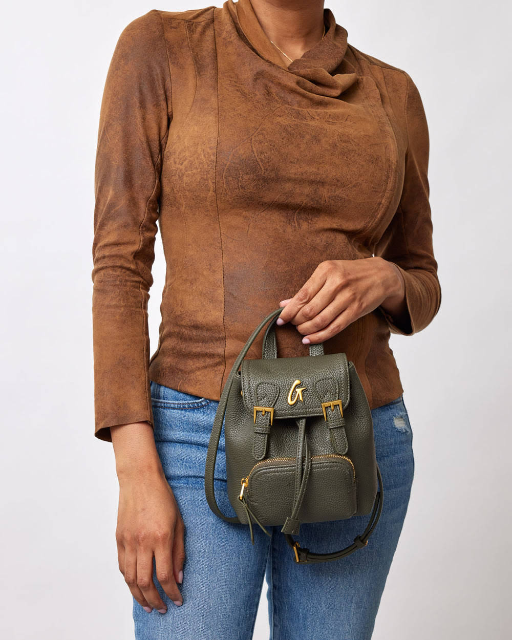 Mini Textured Crossbody Backpack - Olive Green