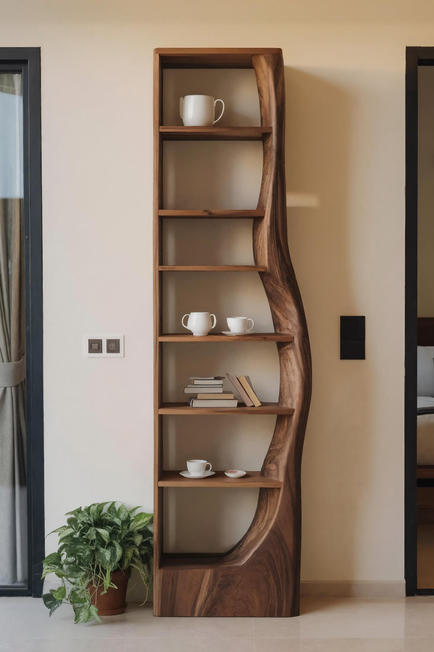 Tall Organic Bookshelf With Curved Design For Living Room Or Bedroom