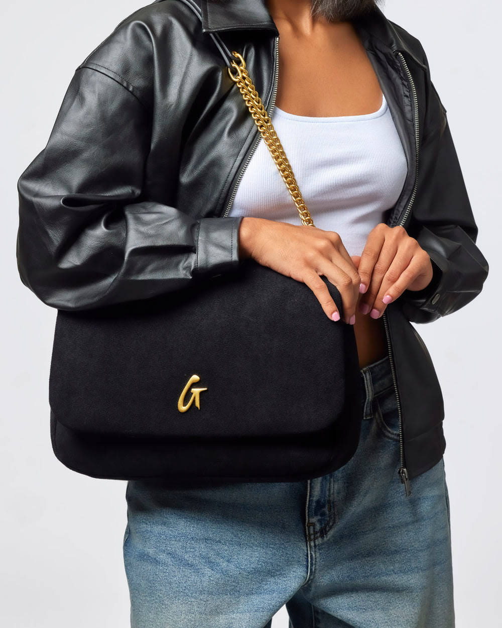 Medium Vegan Suede Flap Bag - Black