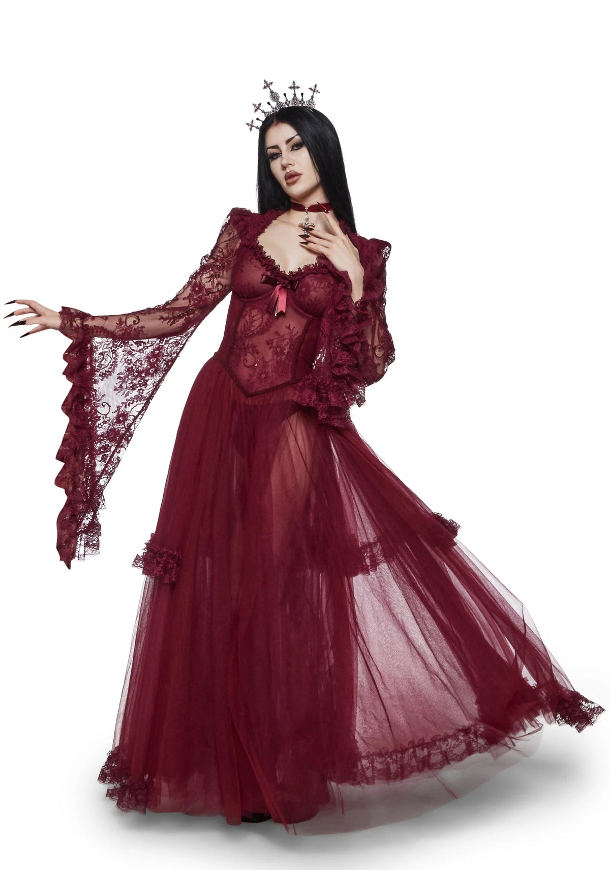 Lace Bodice Sheer Maxi Dress - Burgundy