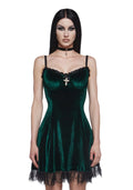 Velvet Lace Trim Mini Dress - Dark Green