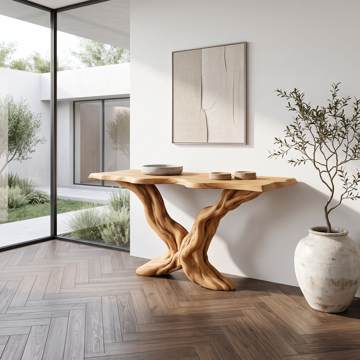 Rustic Sculptural Wood Console Table