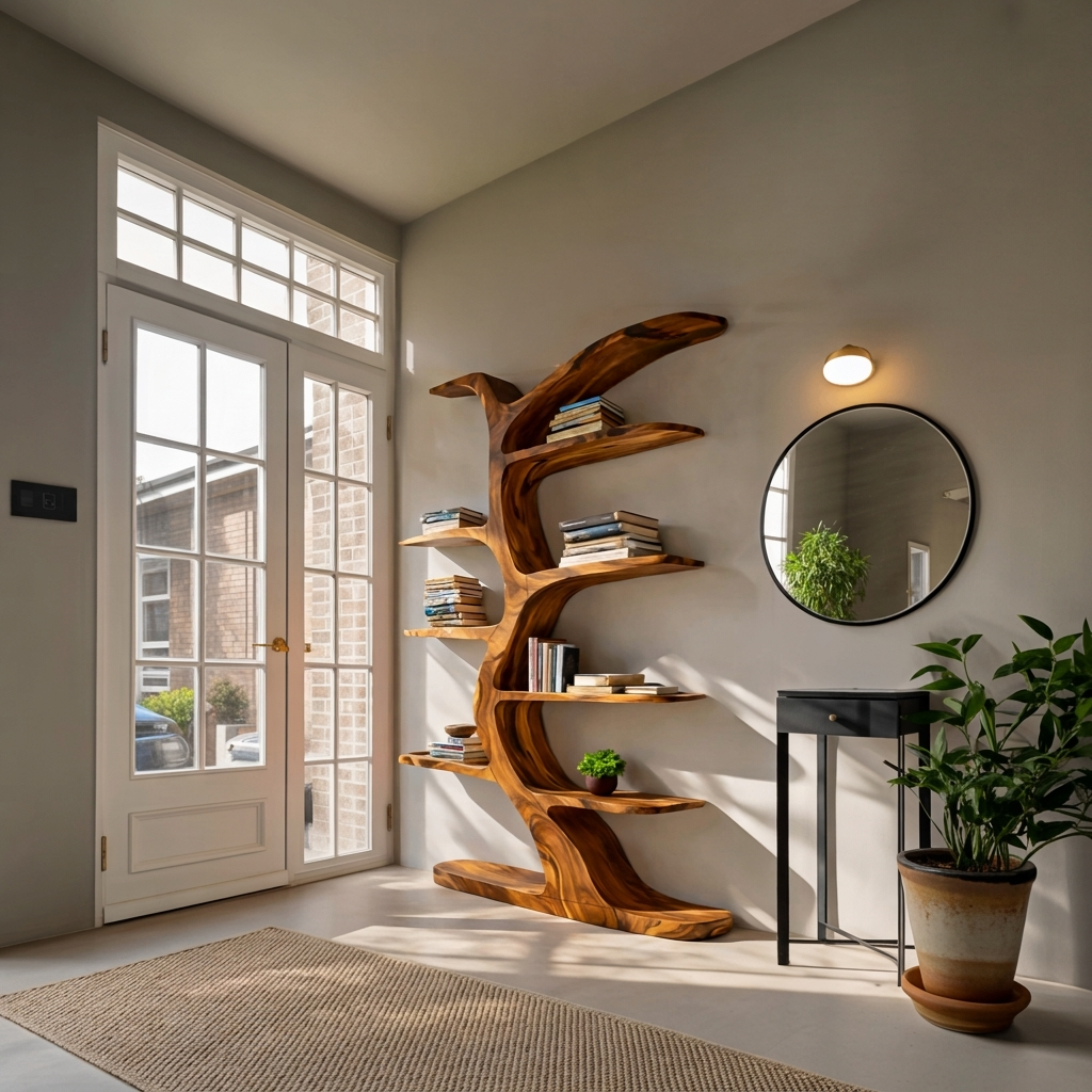 Modern Bookshelf Tree Inspired Curved Design For Living Room
