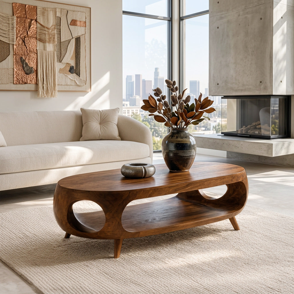 Sculptural Oval Coffee Table With Shelf For Living Room
