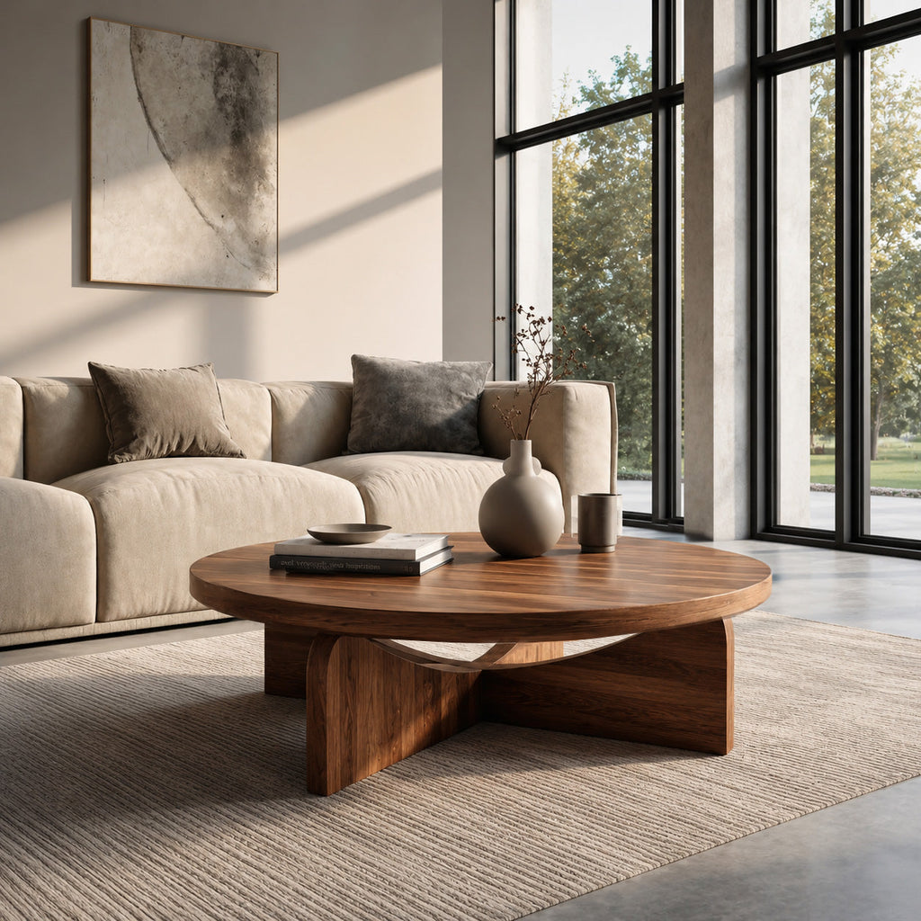 Modern Round Wood Coffee Table With Unique Base For Living