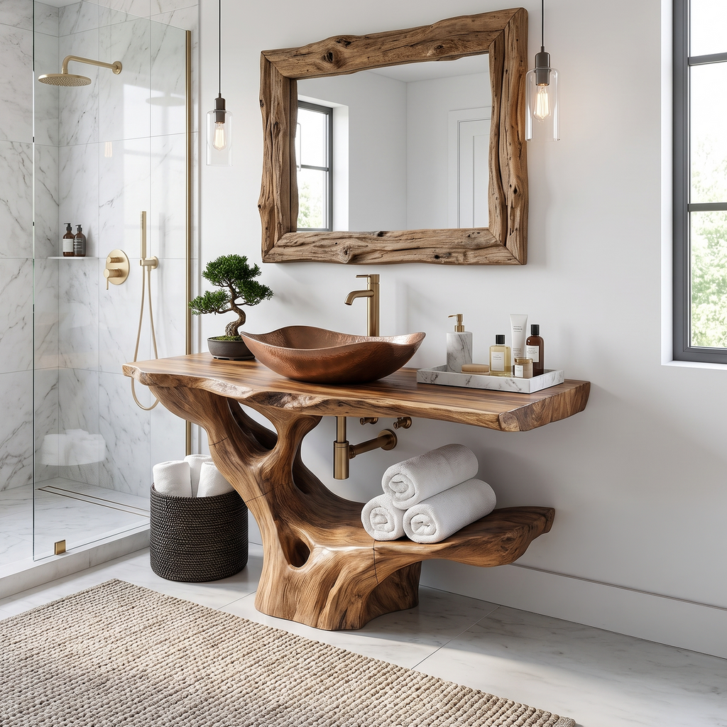 Modern Solid Wood Bathroom Vanity Organic Live Edge For Minimalist Bath