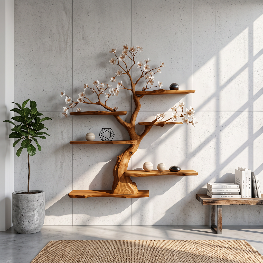 Rustic Wooden Tree Shelf