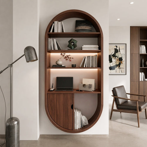 Arched Wooden Wall Bookshelf With Cabinet & Lighting