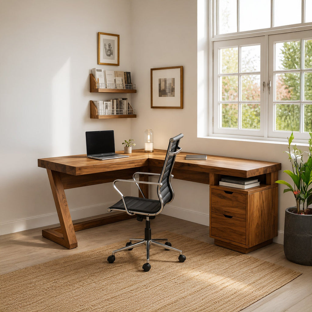 Modern L Shaped Desk With Drawers For Home Office Or Corner Workspace
