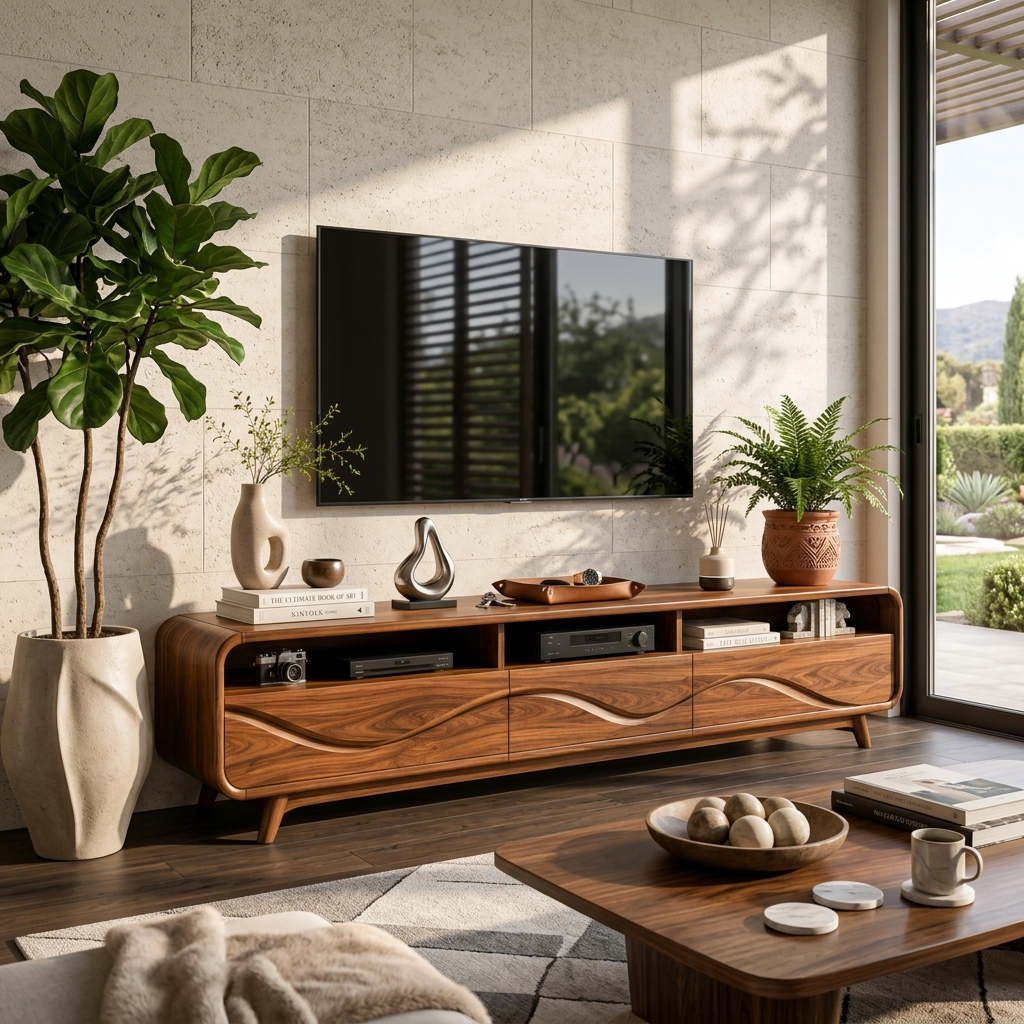 Contemporary TV Stand Low With Open Shelf For Home Interior