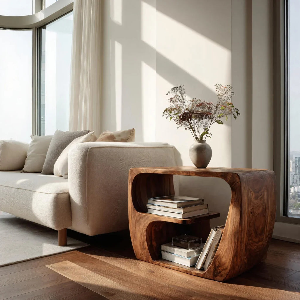 Quiet Luxury Solid Wood Side Table With Curved Design And Open Storage For Living Room