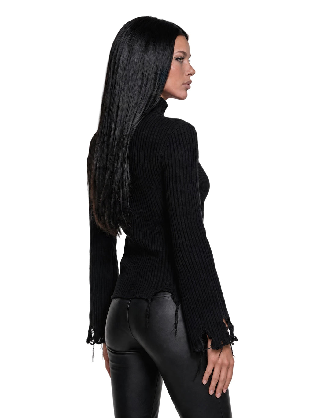 Distressed Cropped Turtleneck Sweater - Black