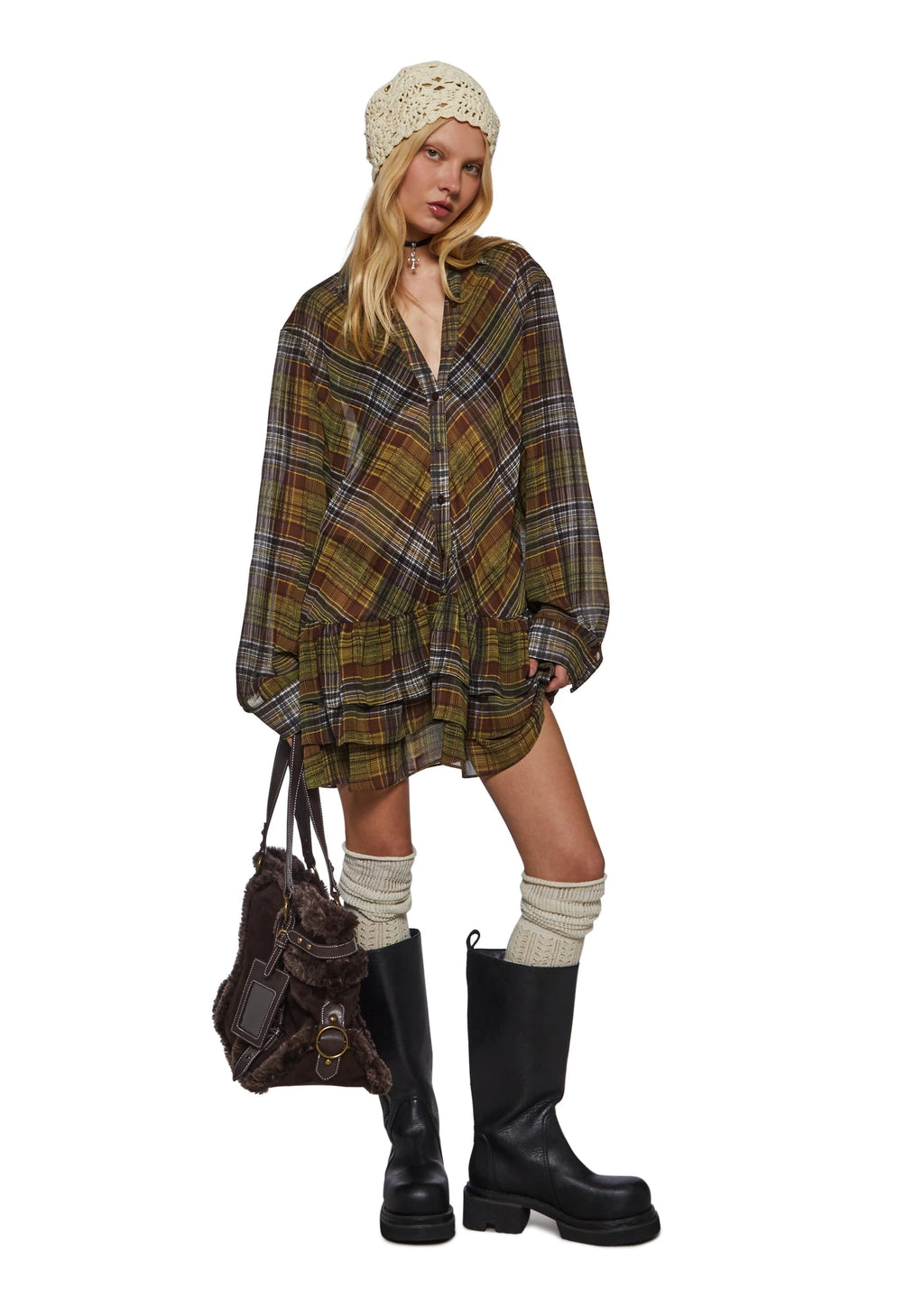 Plaid Chiffon Drop-Waist Mini Dress