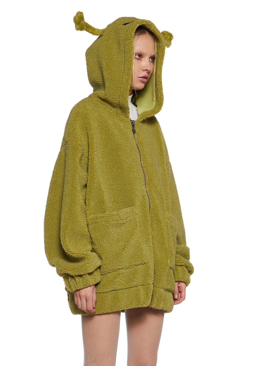 Hooded Sherpa Jacket With Alien Motif - Green