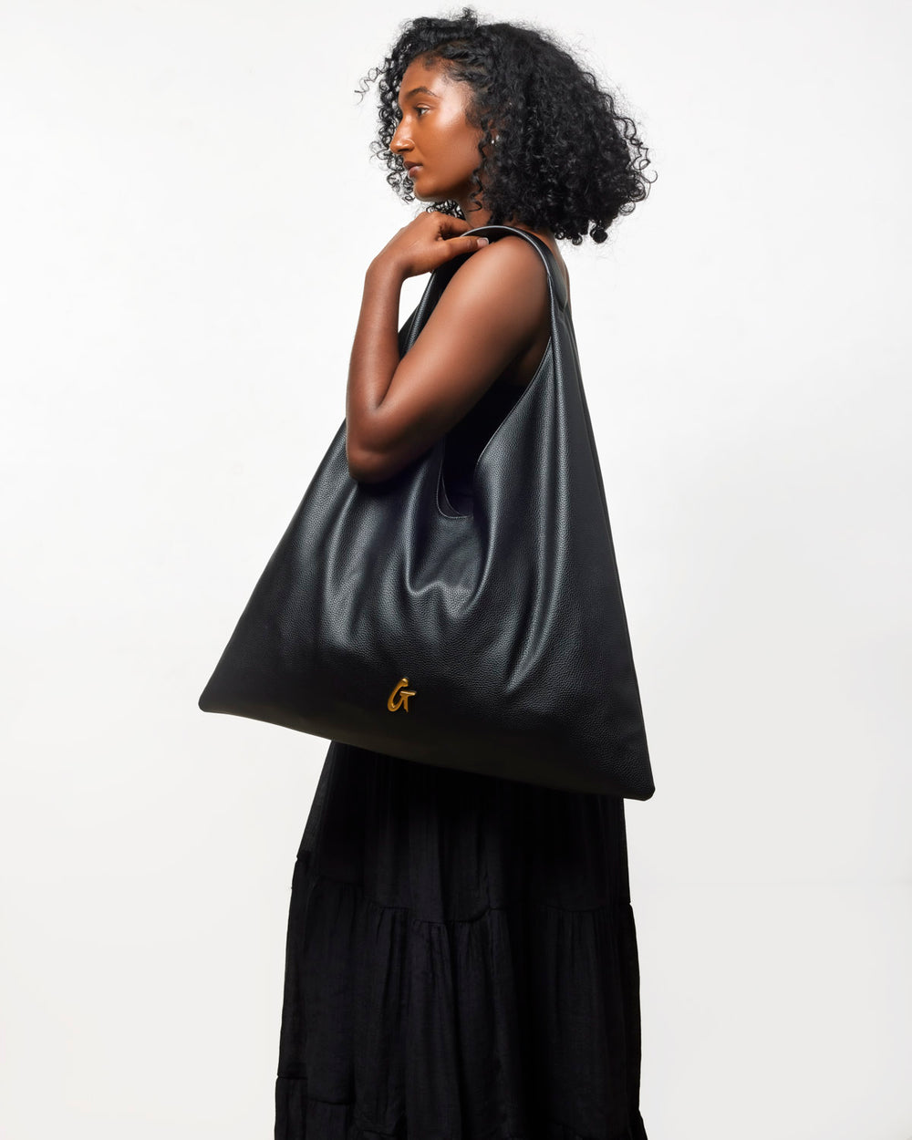 Oversized Pebbled Shoulder Bag - Black