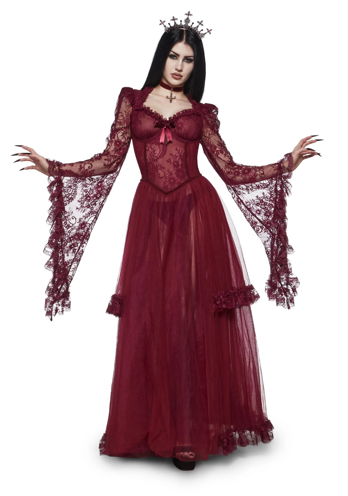 Lace Bodice Sheer Maxi Dress - Burgundy