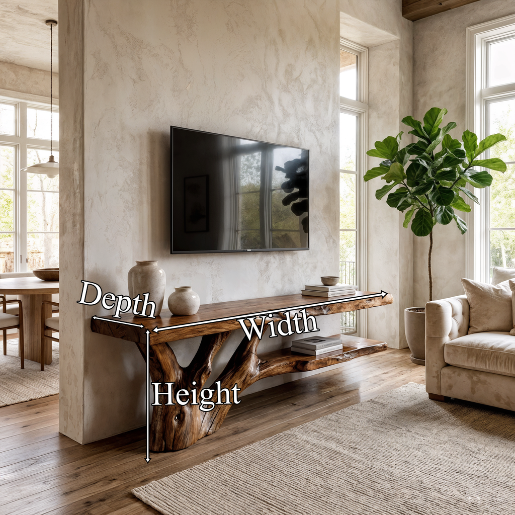 Mid Century Console Table Wood Backing Statement Luxury Showroom