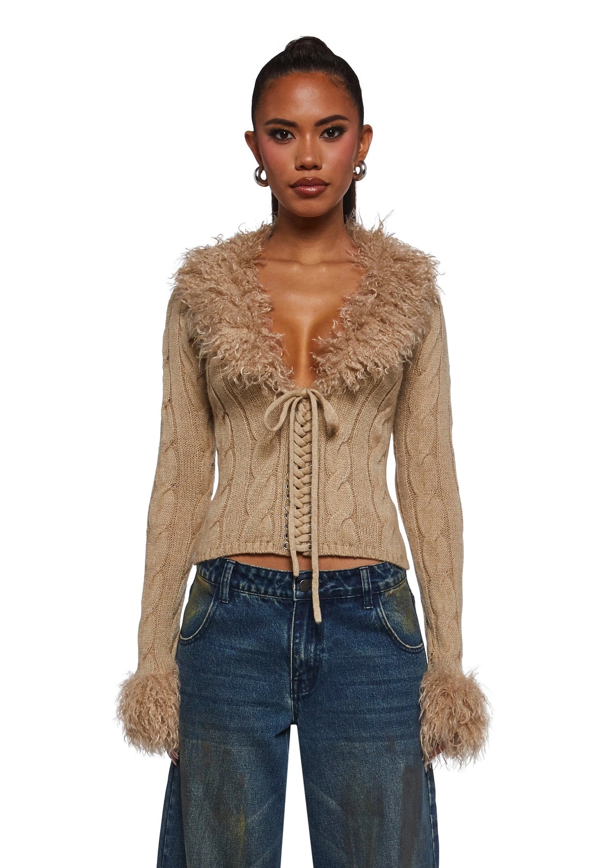 Cable Knit Faux Fur Trim Cardigan - Off White