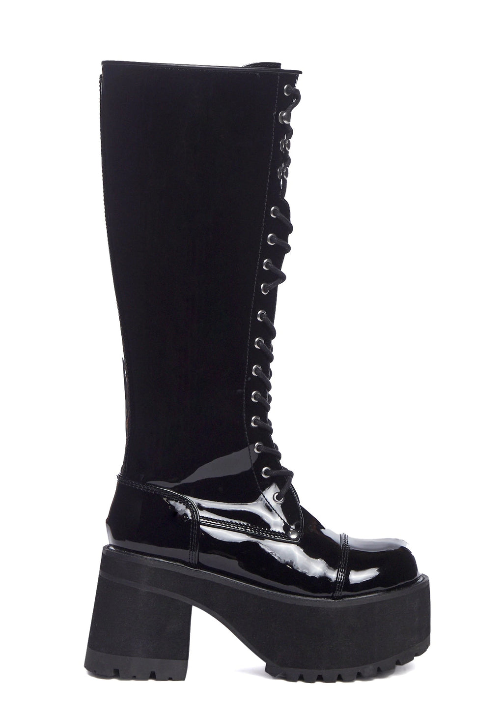 Patent Knee-High Platform Combat Boots - Black