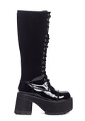 Patent Knee-High Platform Combat Boots - Black