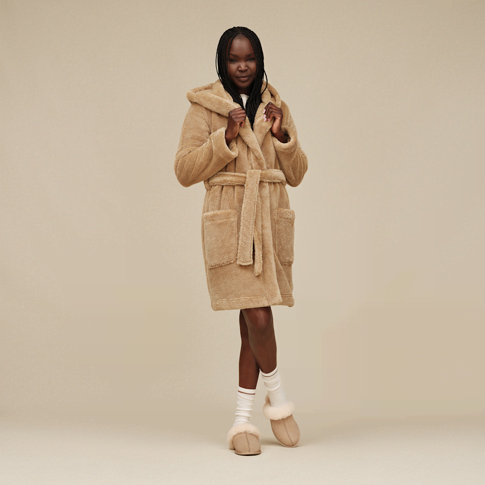Women's Hooded Plush Fleece Robe - Cream
