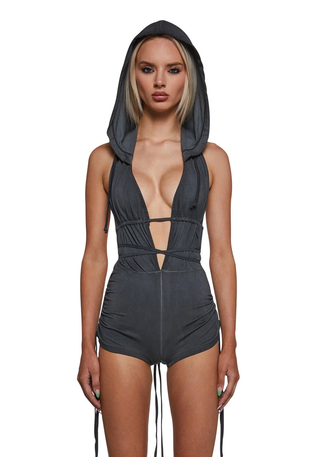 Hooded Backless Ruched Romper - Black