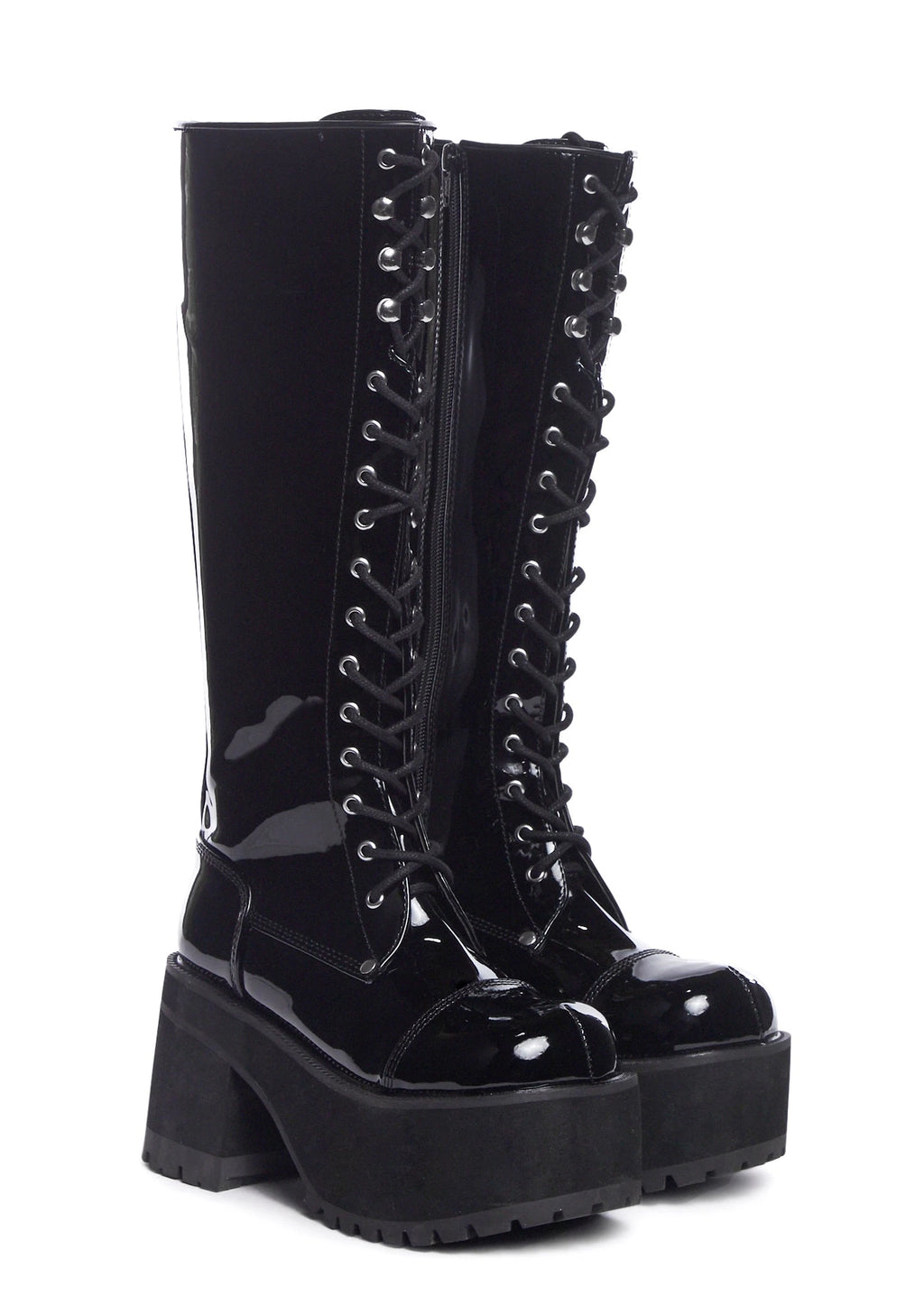 Patent Knee-High Platform Combat Boots - Black