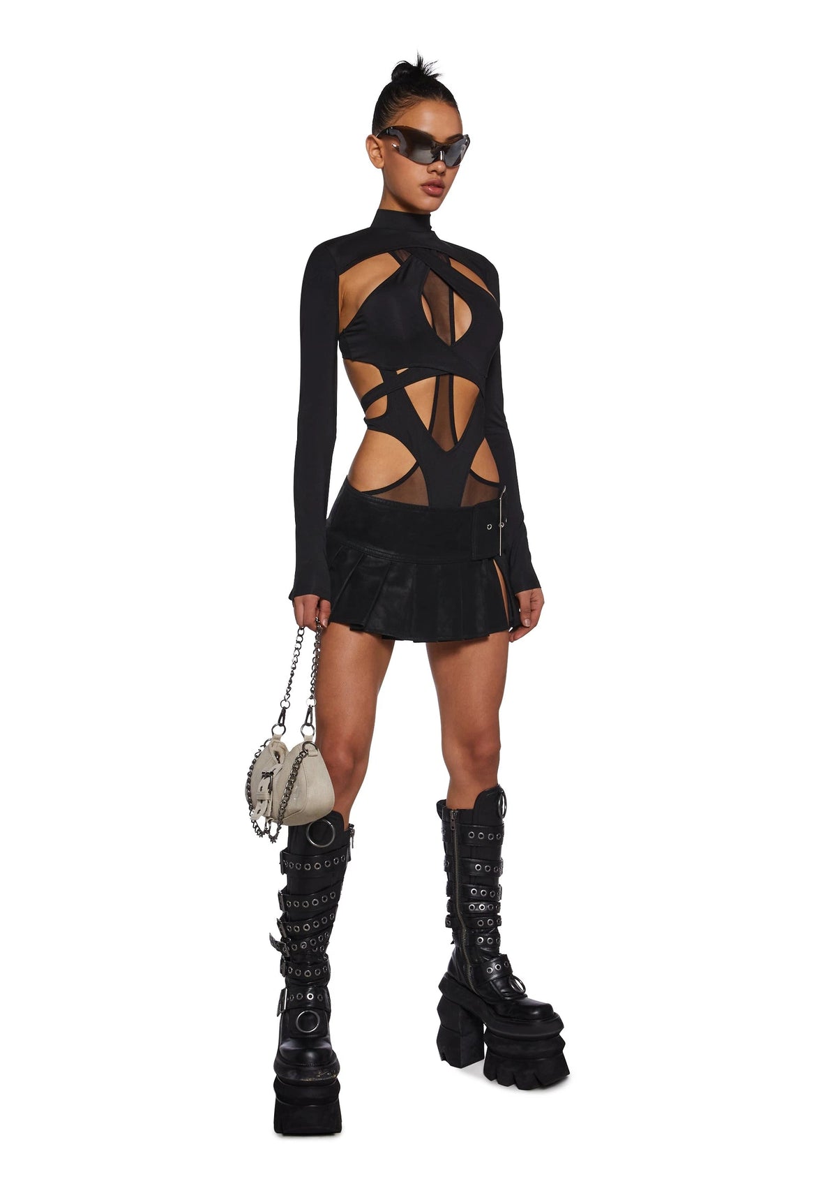 Strappy Mesh Bodysuit With Detachable Shrug - Black