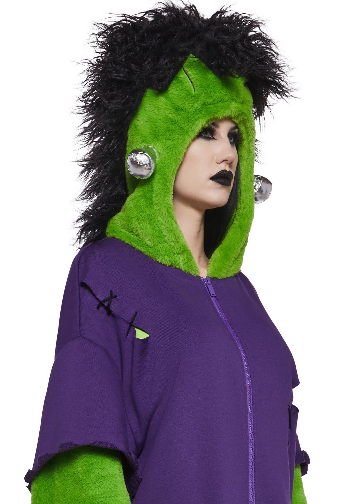 Monster Hood Faux Fur Sleeve Hoodie Costume - Purple