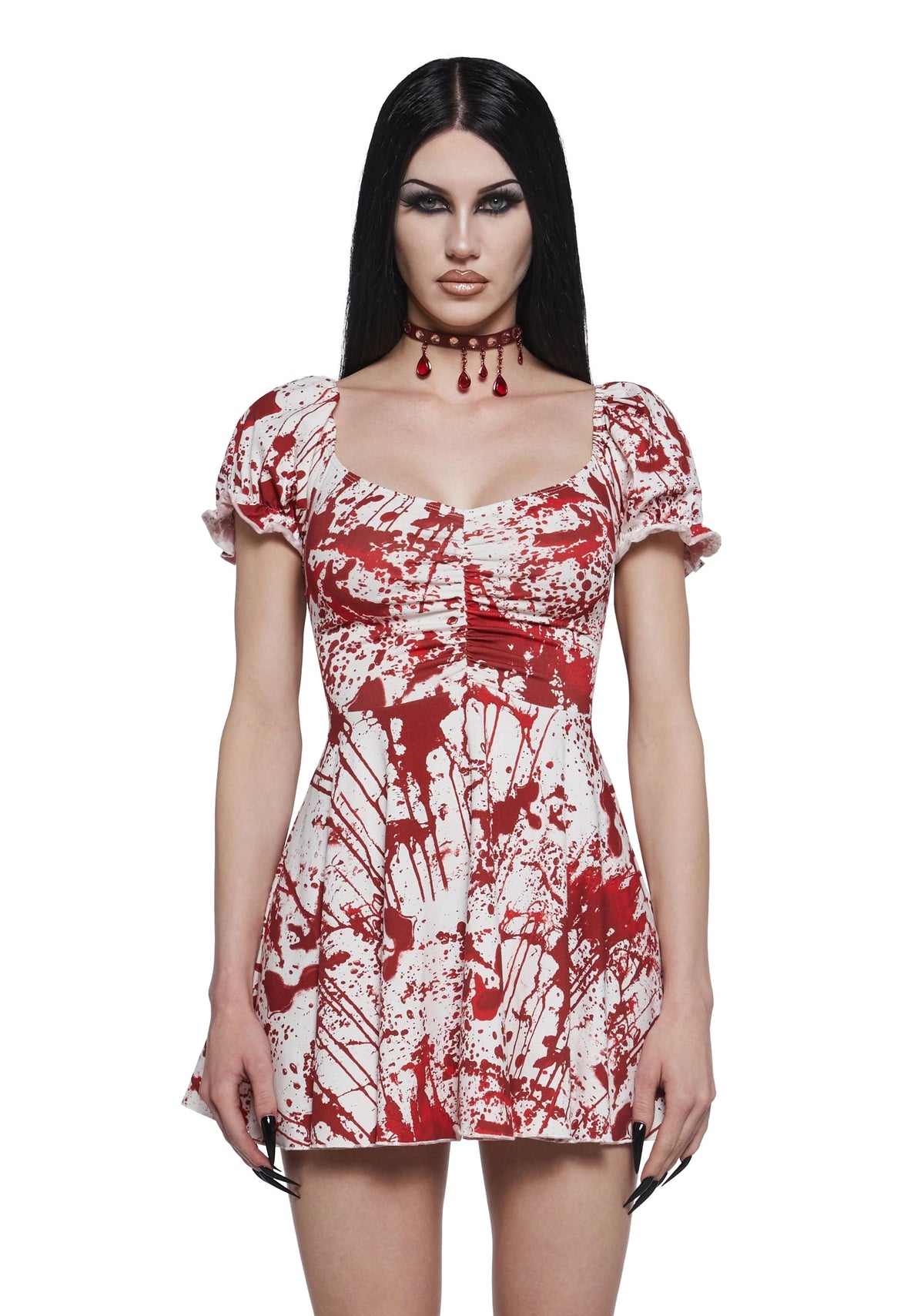 Splatter Print Ruched Mini Dress - White