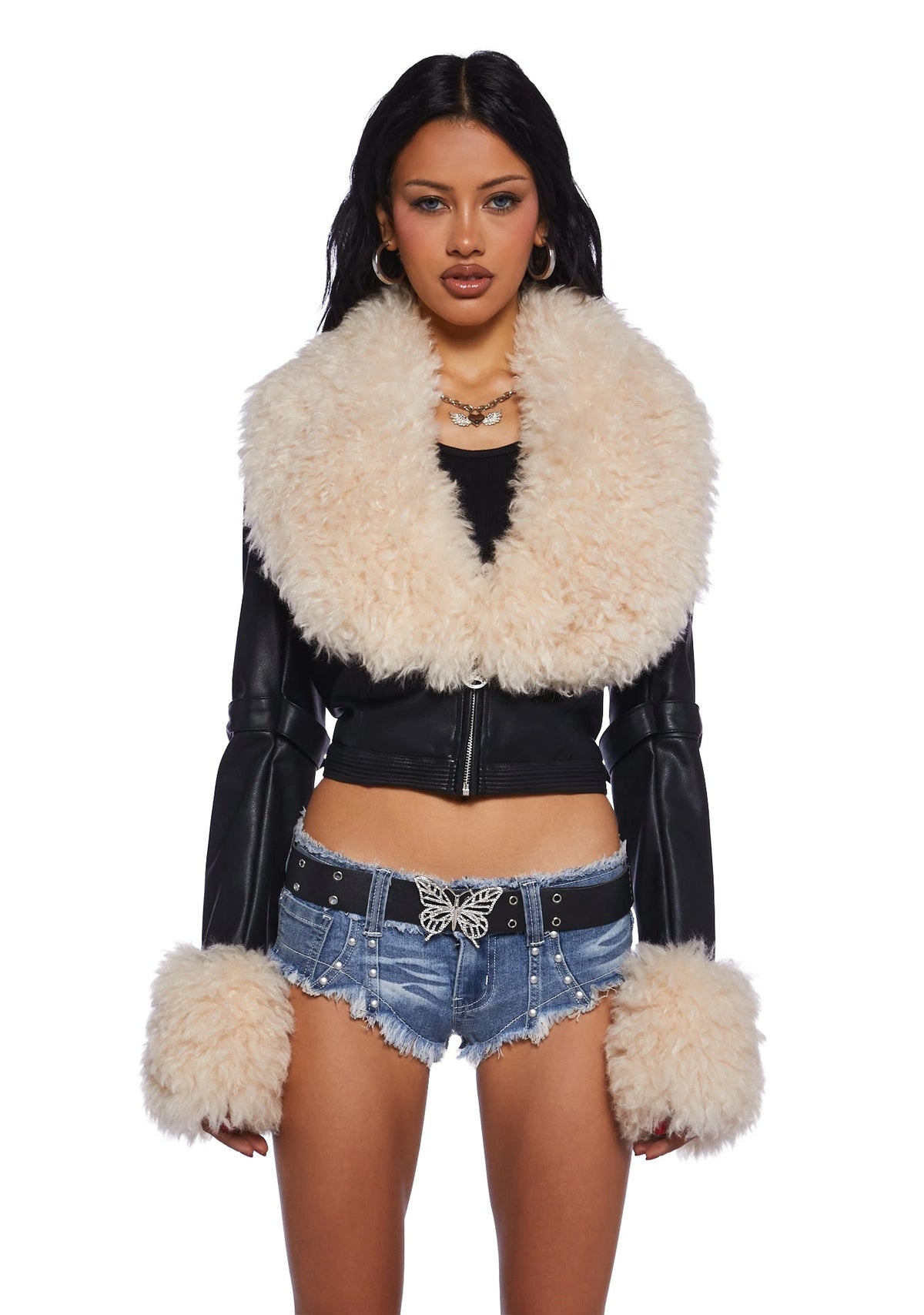 Cropped Faux Leather Moto Jacket - Black