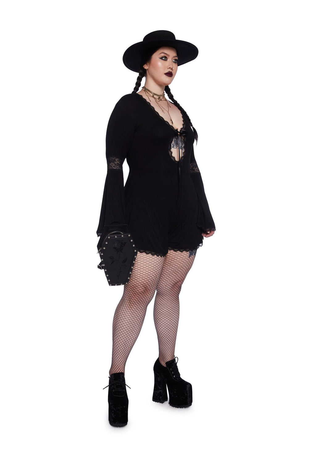 Lace Panel Bell Sleeve Romper - Black