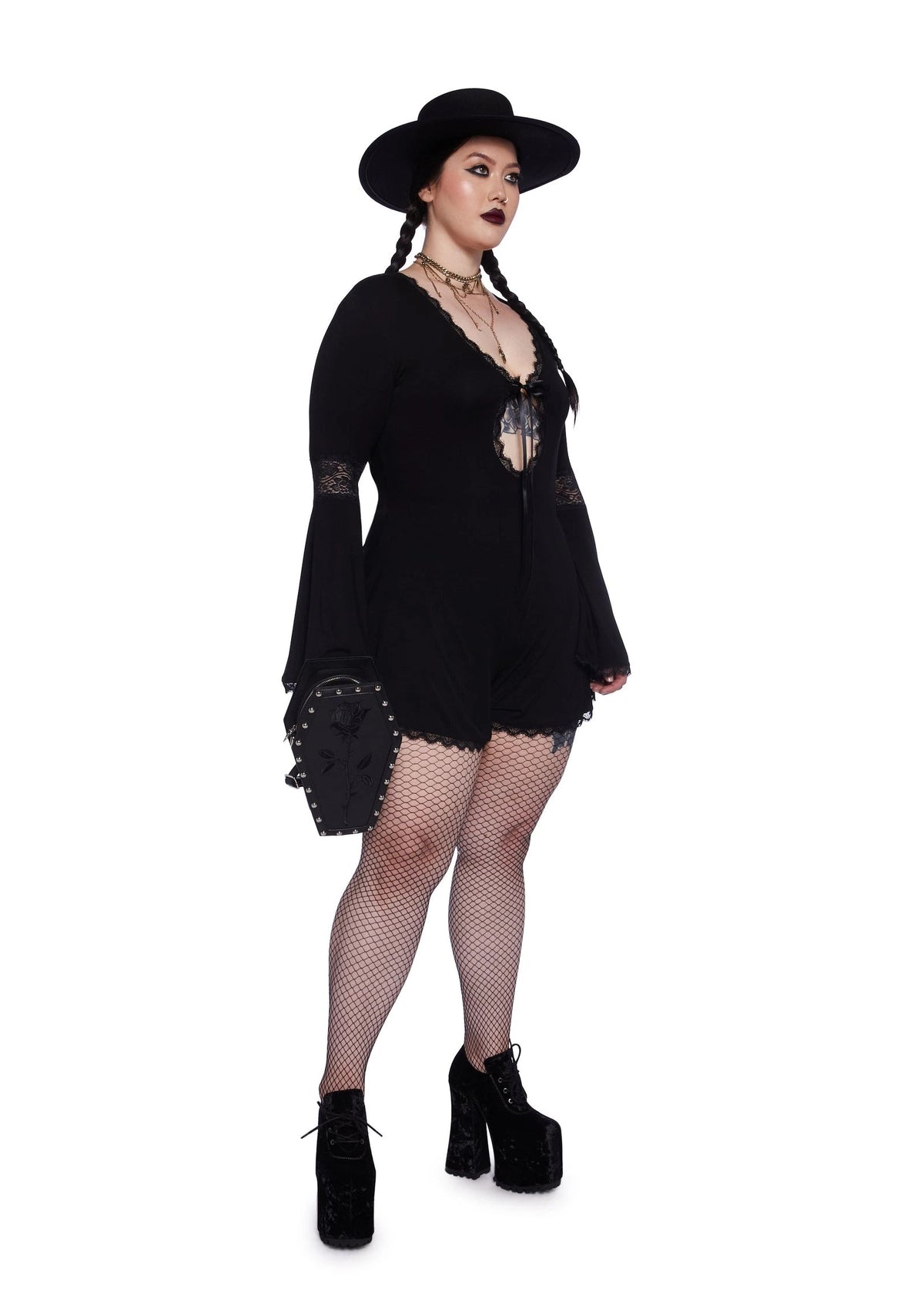 Lace Panel Bell Sleeve Romper - Black
