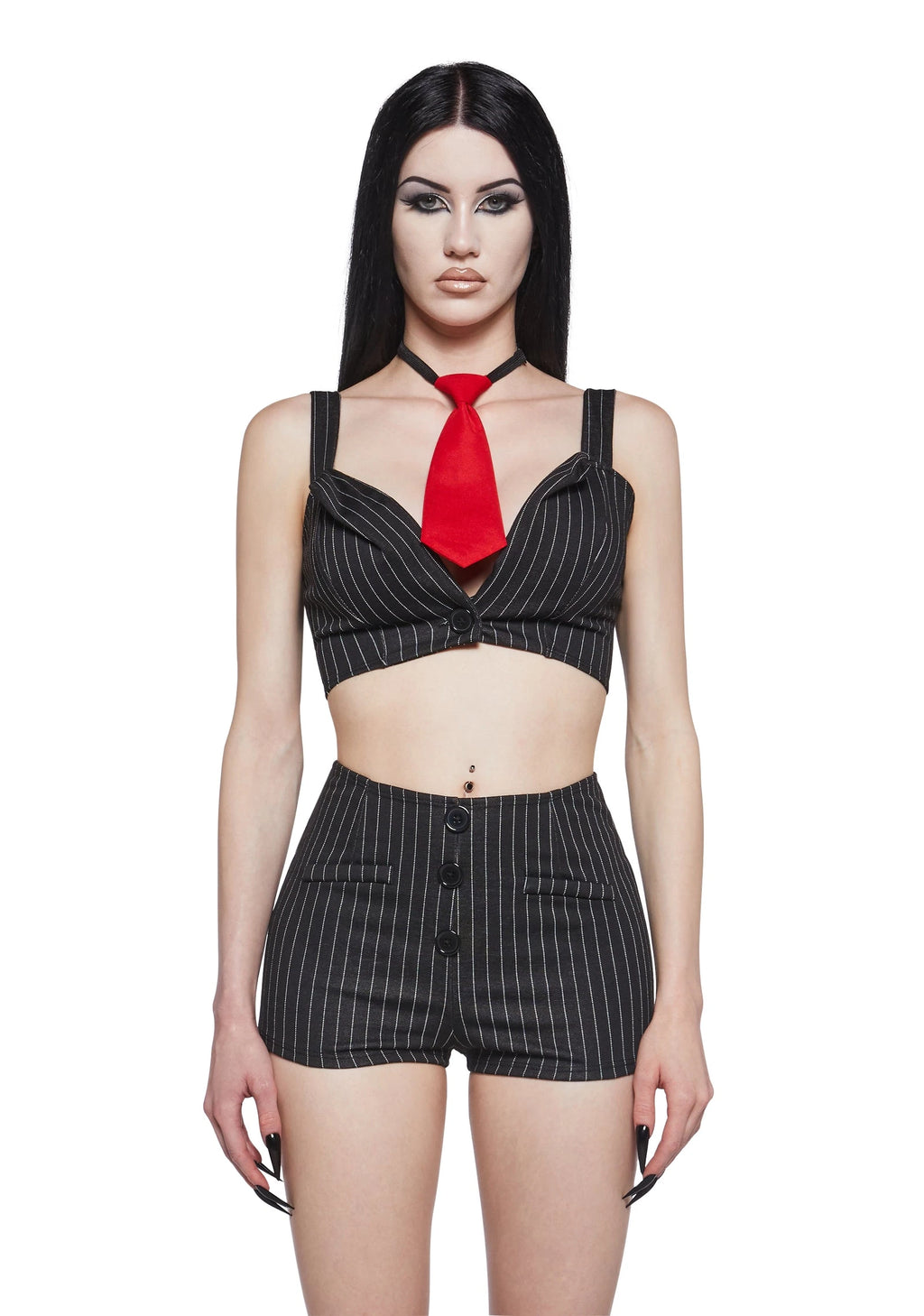 Pinstripe Crop Top Costume Set - Black