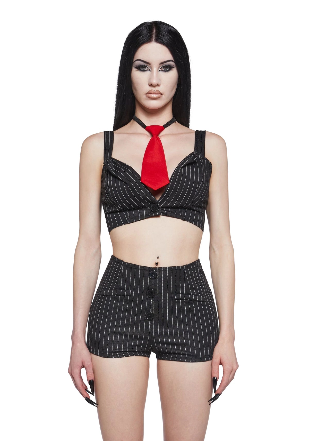 Pinstripe Crop Top Costume Set - Black