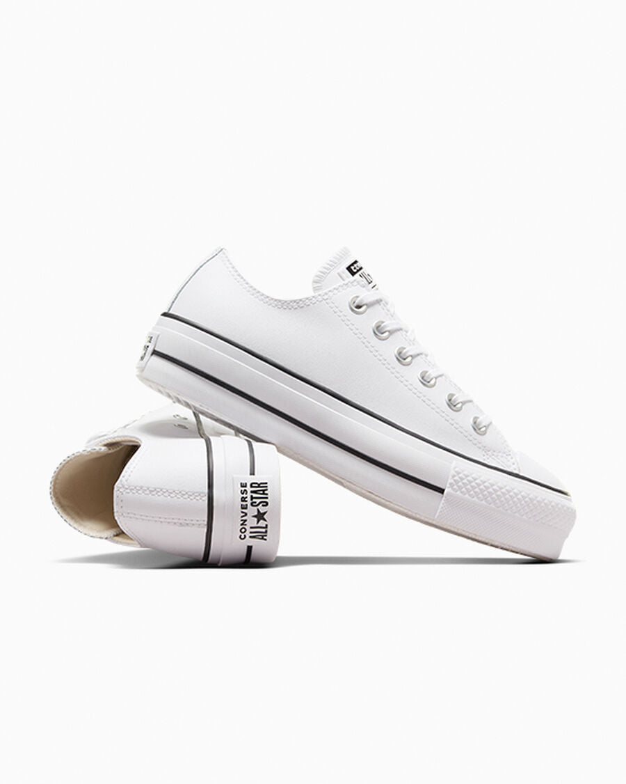 Women's Leather Platform Low Top Sneaker - White - White/Black/White