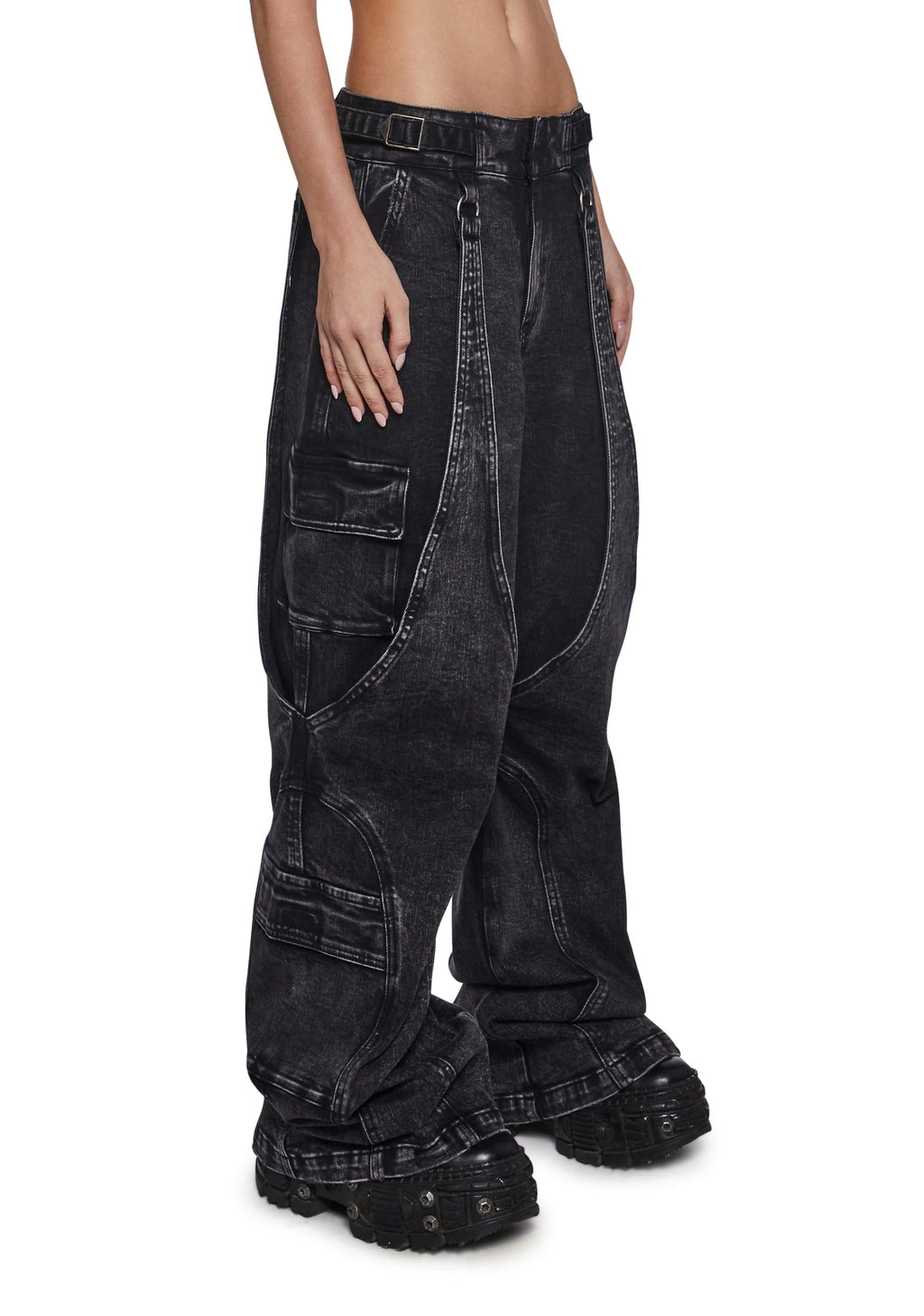 Washed Denim Wide-Leg Cargo Pants - Black