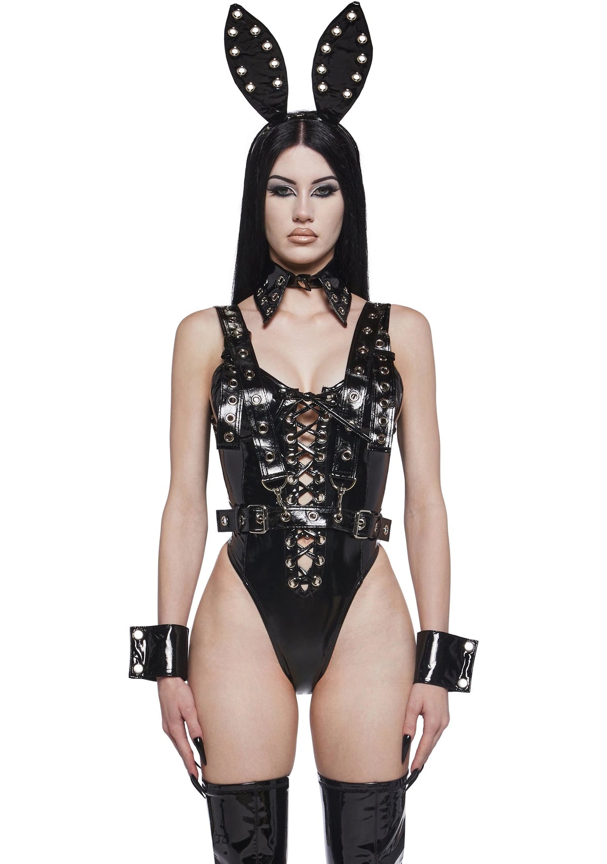 Faux Leather Bunny Bodysuit Costume - Black