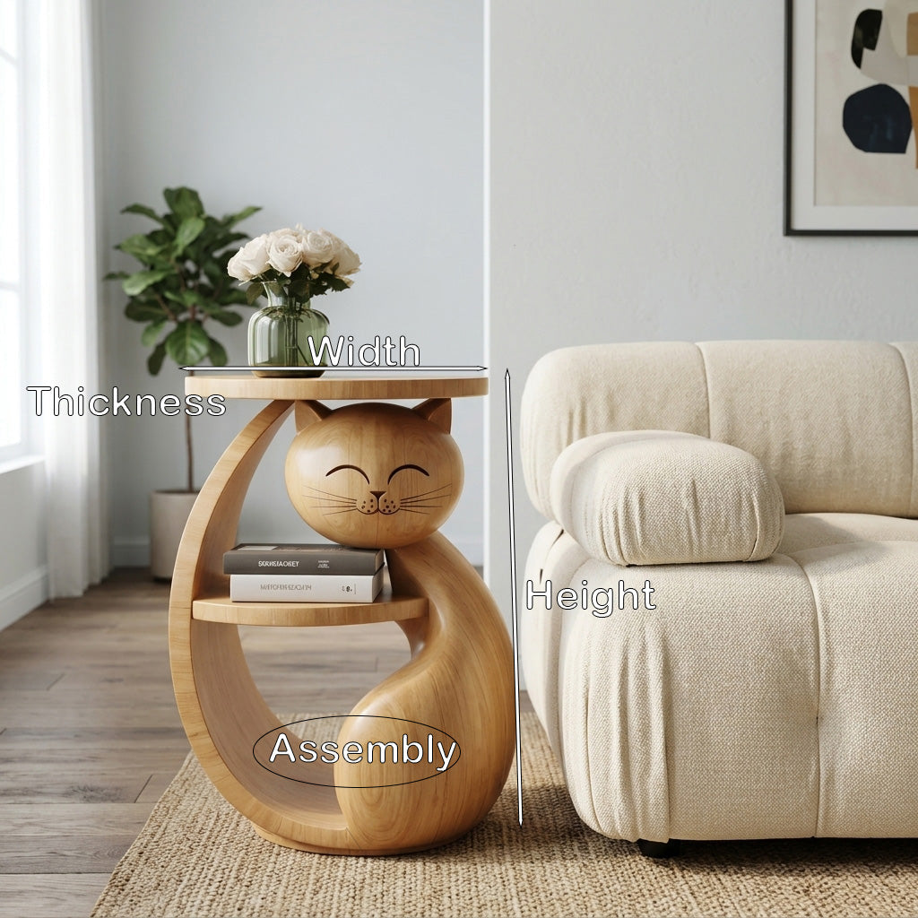 Whimsical Cat Shaped Wooden Side Table With Shelf For Bedroom Or Kids Room