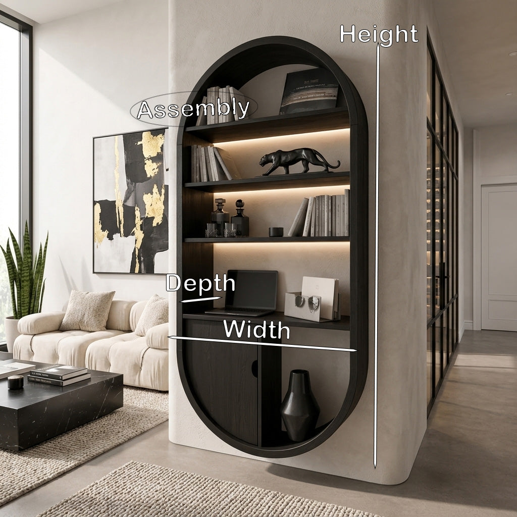 Arched Wooden Wall Bookshelf With Cabinet & Lighting